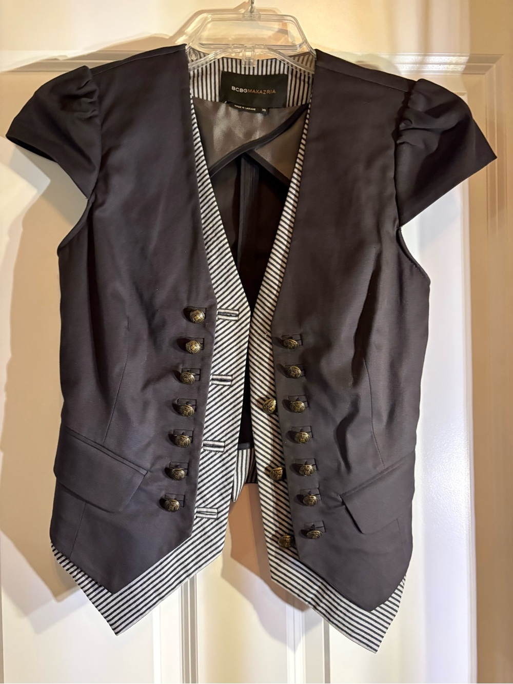 BCBGMaxAzria Black Military-Style Vest with Black-and-White Striped Trim